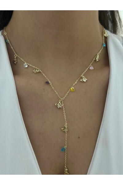 MyladyAccessoriess Kelebek Ve Renkli Taş Detay Çelik Y Kolye