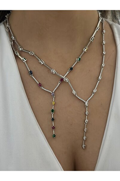 MyladyAccessoriess Zirkon Taş Ve Damla Taş Detaylı Çelik Y Kolye Çok Renkli