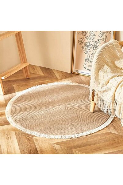 genric FFD Handwoven Round Jute Rug with White Tassels - Eco-Friendly Boho Chic Area Mat for Living 80cm