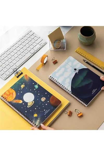 Mu Art Ahşap A5 Spiral Cardboard Cover Set of 2 Lined School Notebook 80 Sheets, Galaxy with Lesson Schedule
