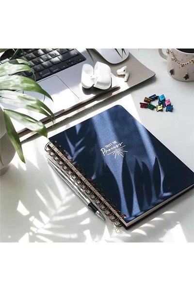 Mu Art Ahşap A5 Spiral Hard Cover Linen Checked Undated Notepad Navy Blue