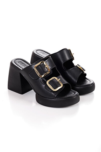 BAKKA Women's Black Gold Buckle Orthopedic Heeled Slippers