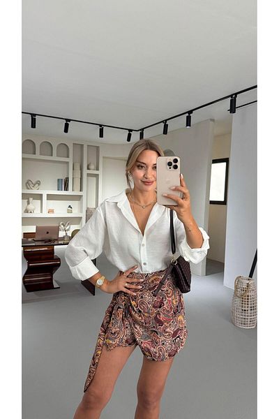 Sezgi Tekin Shawl Pattern Belted Shorts Skirt