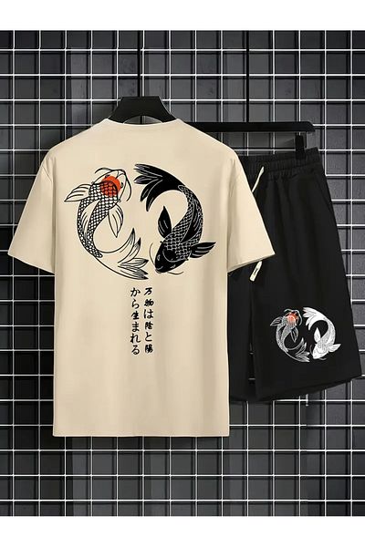 LAND MODA Men's Casual Tai Chi Koi Fish Graphic T-Shirt & Lace-Up Waist Shorts Set - Black and White, Comfortable