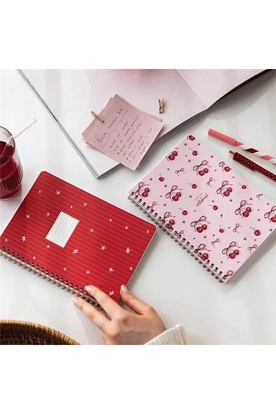 Mu Art Ahşap A5 Spiral Cardboard Cover Set of 2 Plain Unlined School Notebook 80 Sheets, Cherry with Lesson Schedule
