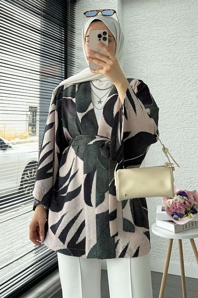 MELEK ARAZ Leaf Patterned Short Kimono - Smoked