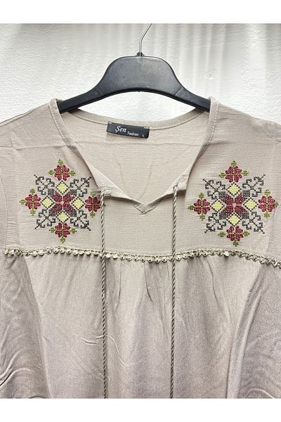 Şen Women's Cotton Ethnic Embroidered Embroidered Tie-Tie Tie-Sleeve Elastic Mother Combed Wide Cut Bluz T-Shirt