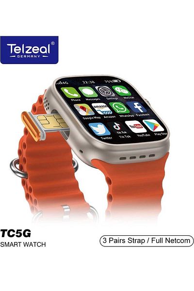 Generic ساعة ذكية TC5G مع اتصال كامل وشبكة 5G وفتحة شريحة وحزام 3 أزواج وشاحن لاسلكي مصمم للسيدات والرجال