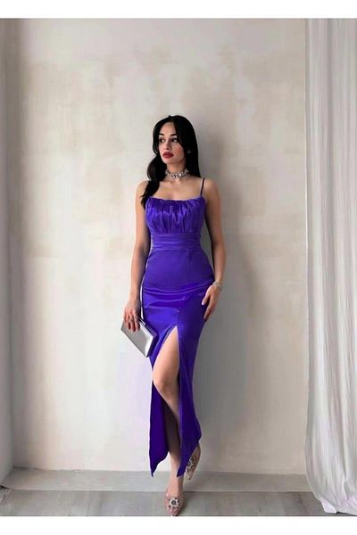 EMAYS DESIGN Φόρεμα με λεπτό λουράκι σατέν δραπέλι δαμάσκηνο 583217