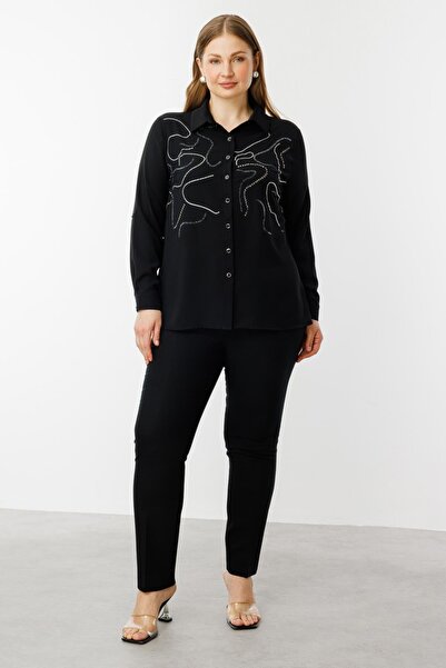 Ekol Kadın Büyük Beden Taş İşlemeli Düğmeli Bluz 3986 Siyah