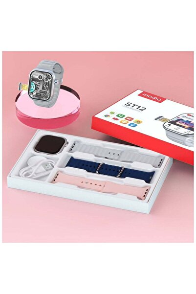 Modio ساعة ذكية ST12 4G Network 3 أزواج حزام/2.2 بوصة فضية