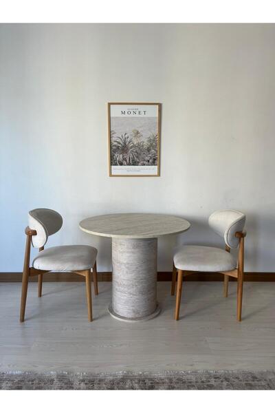Seyvey Dizayn Sütun Ayaklı Yuvarlak MDFLAM Masa Traverten Görünümlü Yemek Masası Mutfak Masa Balkon Masa