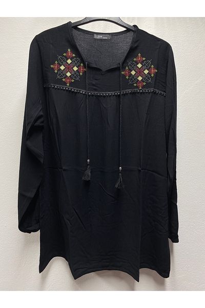 Şen Women's Cotton Ethnic Embroidered Embroidered Tie-Tie Tie-Sleeve Elastic Mother Combed Wide Cut Bluz T-Shirt