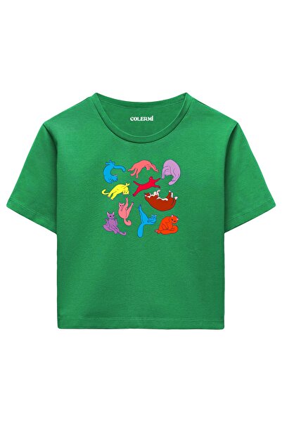 Colermi Colorful Cat Printed Women's Green Crop T-Shirt – Fun Minimal Style