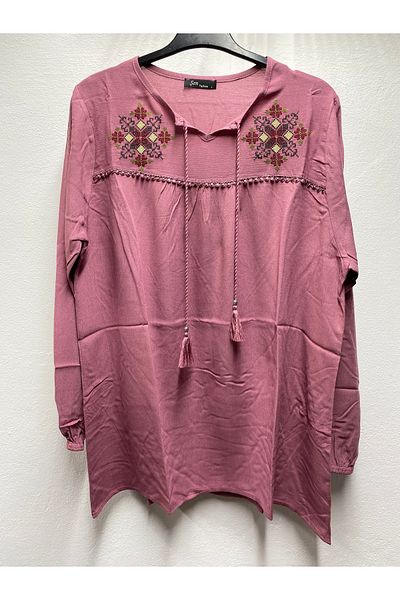 Şen Women's Cotton Ethnic Embroidered Embroidered Tie-Tie Tie-Sleeve Elastic Mother Combed Wide Cut Bluz T-Shirt