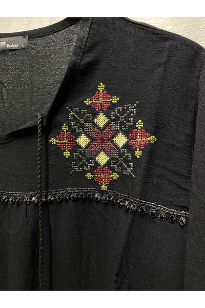 Şen Women's Cotton Ethnic Embroidered Embroidered Tie-Tie Tie-Sleeve Elastic Mother Combed Wide Cut Bluz T-Shirt