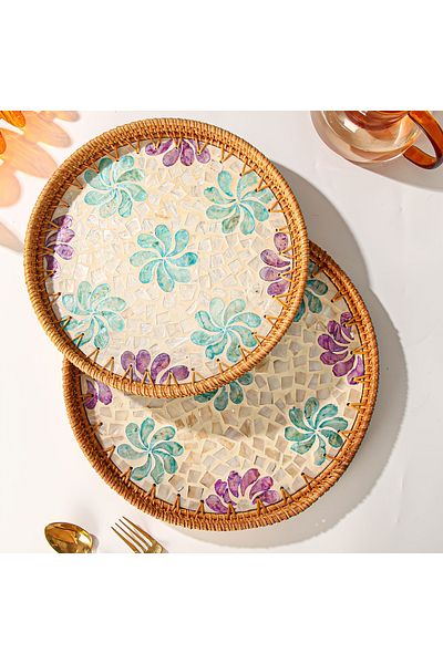 Cozy Nest Handmade Rattan Tray Set of 2 with Mother-of-Pearl Inlay Round Boho Decorative Trays