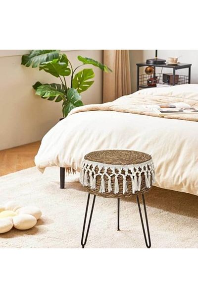 genric Makeup Toy Handmade Natural Ottoman Footrest with 3 Metal Legs | Round Vanity Stool with Tassel for