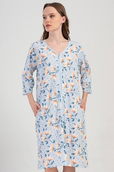 VİENETTA Cotton Women's Plus Size 3/4 Sleeve Zippered Nightgown, 409193