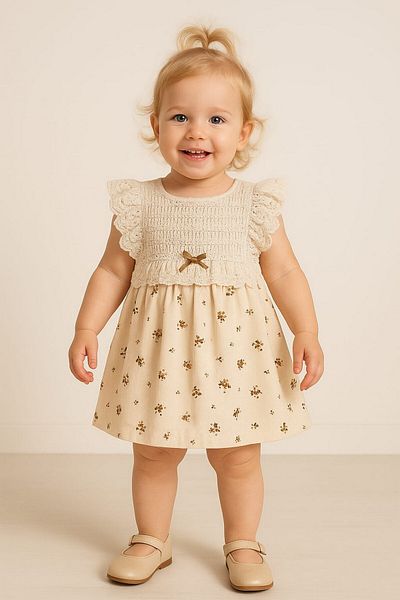 dinamik çocuk Baby Girl Vintage Elegant Lace Collar Detailed Floral Patterned Dress Summer Stylish Model 3-6-9-12-18-24Months