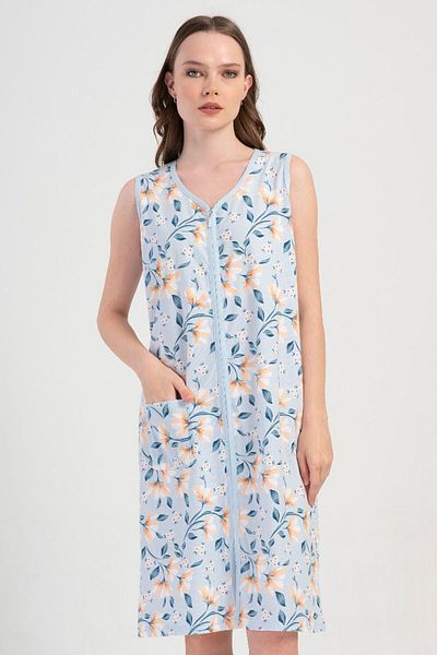 VİENETTA Cotton Women's Wide Strap Zippered Home Dress, 409194