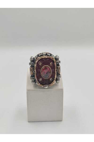 ALTUNTAŞ KIRMIZI KEHRİBAR TAŞLI ÇİÇEKLİ İSLAM USTA ESERİ 925 AYAR 24 MM ERKEK...