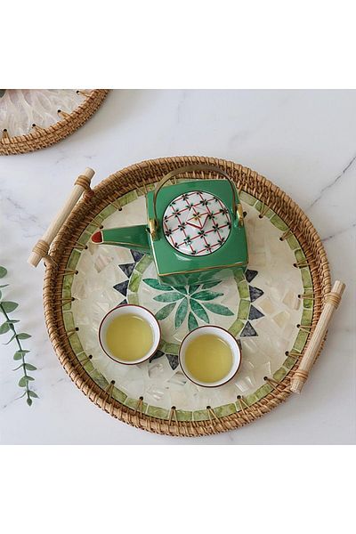 Cozy Nest Handmade Rattan Tray Set of 2 with Mother-of-Pearl Inlay Round Boho Decorative Trays