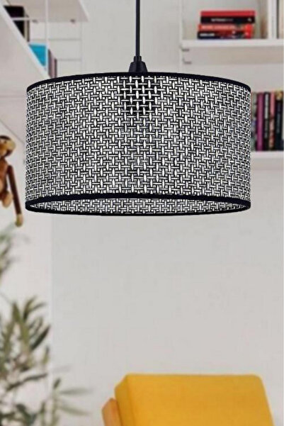 Art&Gift Rakkas Hasır Kaplama Metal Kasalı Silindir Kırçıl Siyah Avize Salon Yatak Odası Rattan Sarkıt