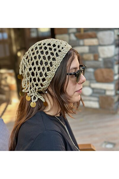 yucin Handmade Macrame Bohemian Bandana – Gold with Sequin Detail