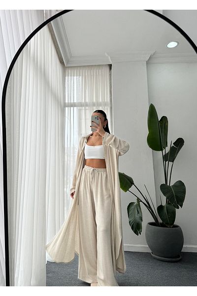 GAMZE ALPTEKİN Σετ πουκάμισο μακρύ μάξι με παντελόνι Kimono