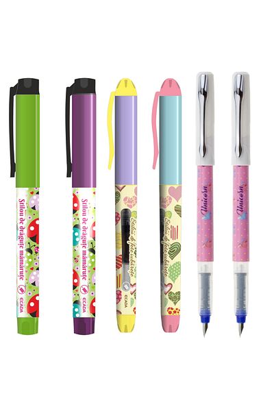daço Set of 6 school pens for GIRLS, 100 ink cartridges, 2 nibs, F-type nib pen