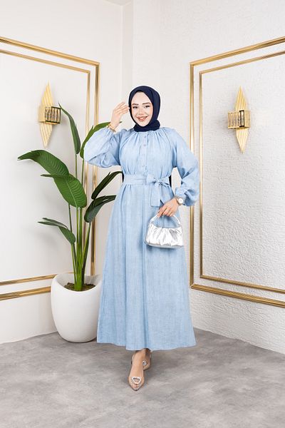 Viskosa Halter Neckline Button Balloon Sleeve Long Dress with Lace-Up Waist