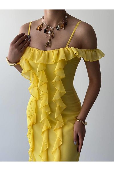 Julidress Lined Midi Length Premium Chiffon Dress with Strap Ruffle Detail