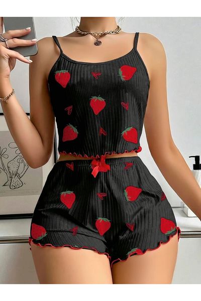 GiyimCity Cotton Black Strawberry Patterned Ribbed Strap Shorts Pajama Set