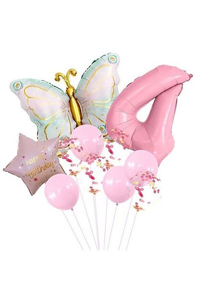 DÜVENCİ TİCARET Pink Butterfly Birthday Party Age Balloon Set