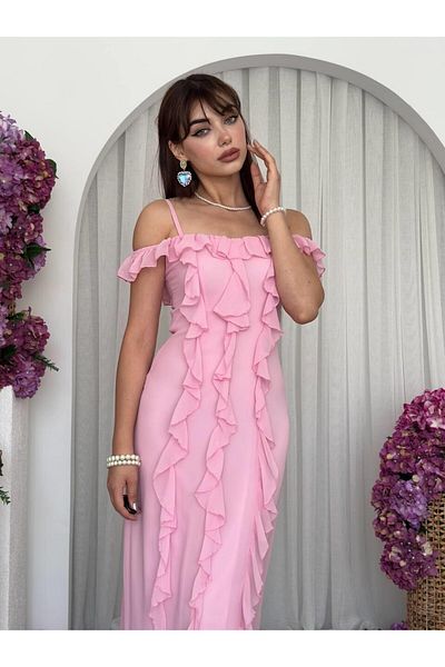 Julidress Lined Midi Length Premium Chiffon Dress with Strap Ruffle Detail