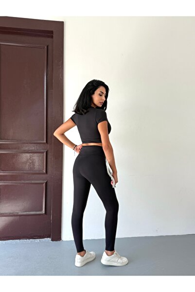 STİLL C&M Women's Black Modal Blend Top Push up High Waist Toning Sports Leggings Bottom Top Set