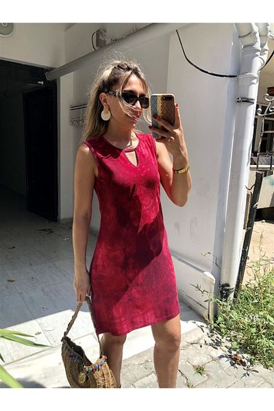 Gözde Tasarım Butik Women's Bordo Pink Color Batik Patterned Viscos Short Daily Dress
