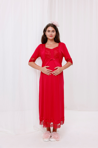 Yulem Homewear Cherry Sleeve and Collar Lace Design Maternity Nightgown
