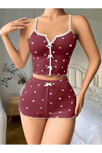 GiyimCity Cotton Brown with White Heart Pattern Ribbed Strap Shorts Pajama Set