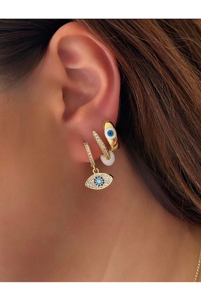 AychaAksesuar Steel Vip Eye Model Evil Eye Beaded Set of 3 Earrings