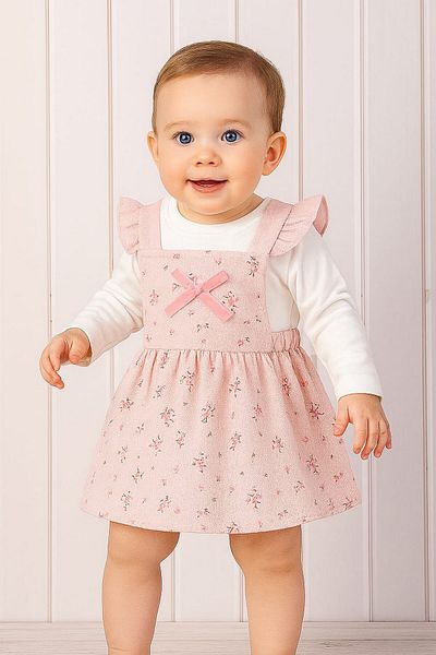 dinamik çocuk Baby Girl Floral Patterned Bow Dress with Badili 2-Piece Set Long Sleeve Undershirt 3-6-9-12-18-24Months