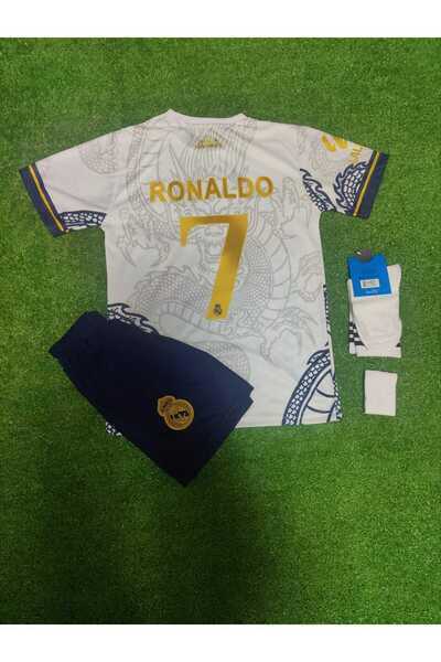 BYSPORTAKUS Real Madrid 2023/24 Yeni Sezon Ronaldo Dragon Desenli(GOLD) Çocuk Forması Şort Çorap Bileklik Seti