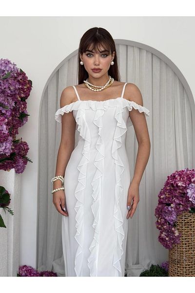 Julidress Lined Midi Length Premium Chiffon Dress with Strap Ruffle Detail