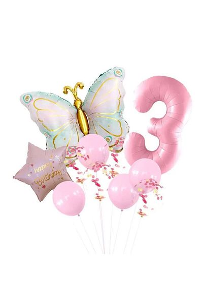 DÜVENCİ TİCARET Pink Butterfly Birthday Party Age Balloon Set