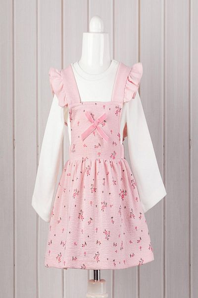 dinamik çocuk Baby Girl Floral Patterned Bow Dress with Badili 2-Piece Set Long Sleeve Undershirt 3-6-9-12-18-24Months