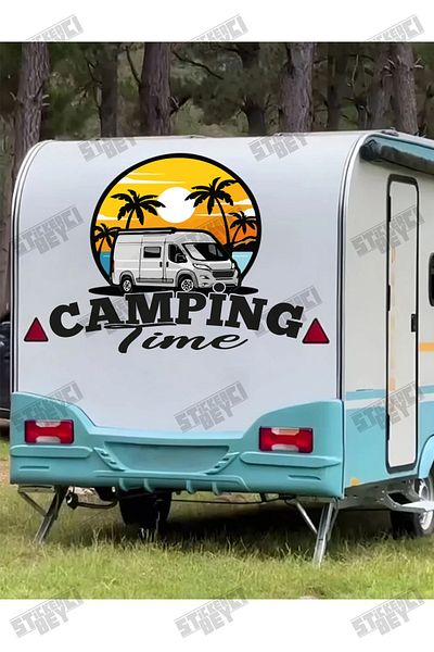 STİCKERCI BEY Camping Time 40×34 cm Sticker Caravan Sticker Covering Sea View