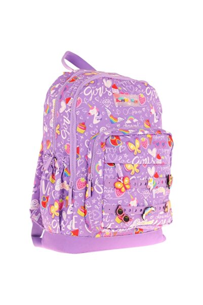 KAUKKO Kids Purple Primary School Bag with Four Compartments and Silicone Accessories for Girls