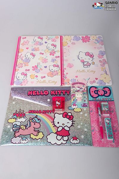Hello Kitty Dekomus Licensed Hello Kitty 8-Piece Stationery Set Checked and Lined A4 Notebook, Stay Versatile