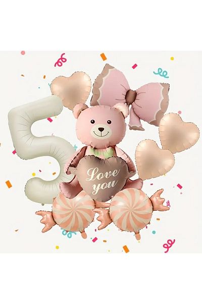 DÜVENCİ TİCARET Pink Ribbon Bear Balloon Set, Candy Heart Number Balloon